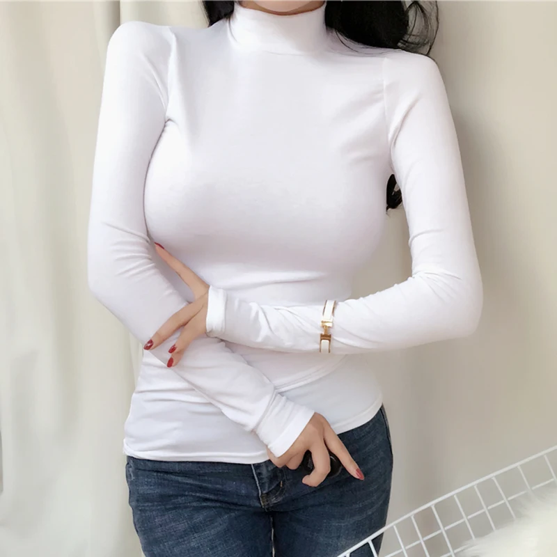 Camisetas Turtleneck Women T Shirt Spring Thin Tshirt Elastic Long Sleeve Tops Slim Tee Shirt Femme Korean Style Woman Clothes