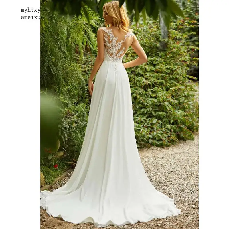 Abito da sposa Boho o-collo Appliques pizzo Vintage principessa abito da sposa gonna in Chiffon abito da sposa da spiaggia 2020 Hot Robe De Mariee