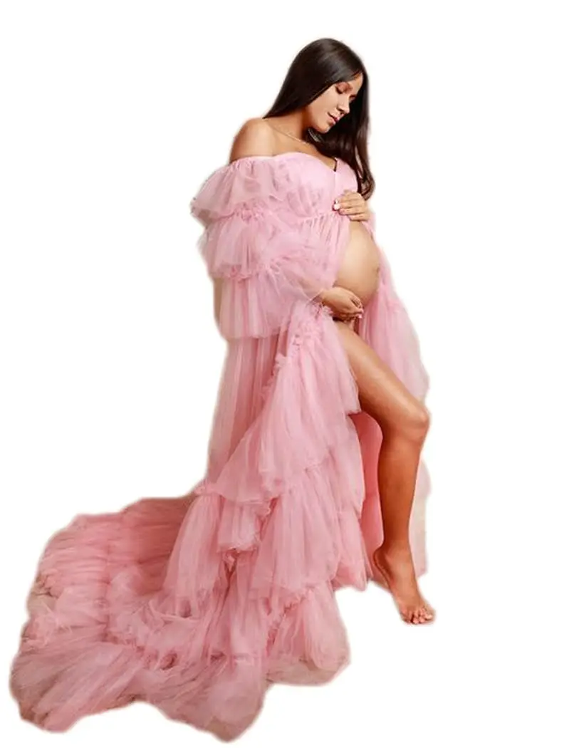 Materinty Photoshoot Pregnant Women Robe Bridal Shawl Photo Dress Off Shoulder Tie Closure Fluffy Fotografie Gowns Custom