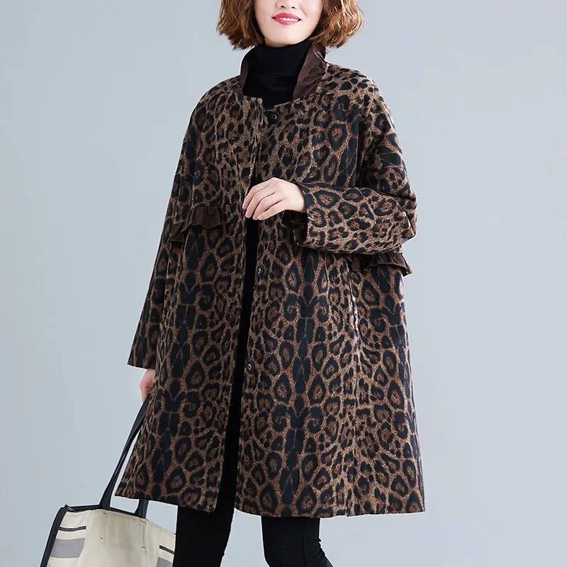 Leopard Print Women\'s Jacket Autumn Winter Mid-Long Blended Woolen Quilted Keep Warm Coat Fashion Ladies Woolen  Outerwear 2022