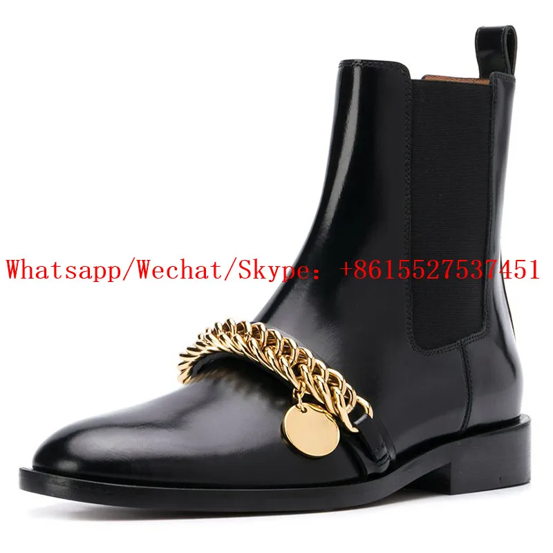 Combat Boots 2023 Black Leather Winter Shoes Woman Chain Decor Ankle Booties Slip On Botas Mujer Warm Round Toe Chaussures Femme