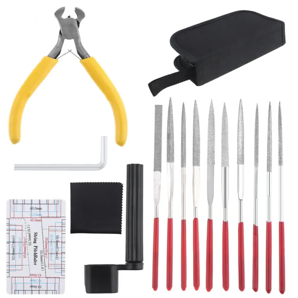 15pcs Guitar Repairing Maintenance Cleaning Tools Kit Include String Pitch Ruler Cutter Files Groove Polishing Set with Bag