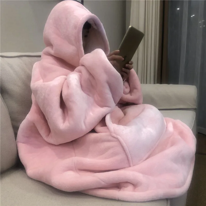 Warm Thick TV Pocket Hooded Blanket Winter Sofa Weighted Blankets Flannel Coral Fleece Unisex Giant Pocket for Beds Travel Home