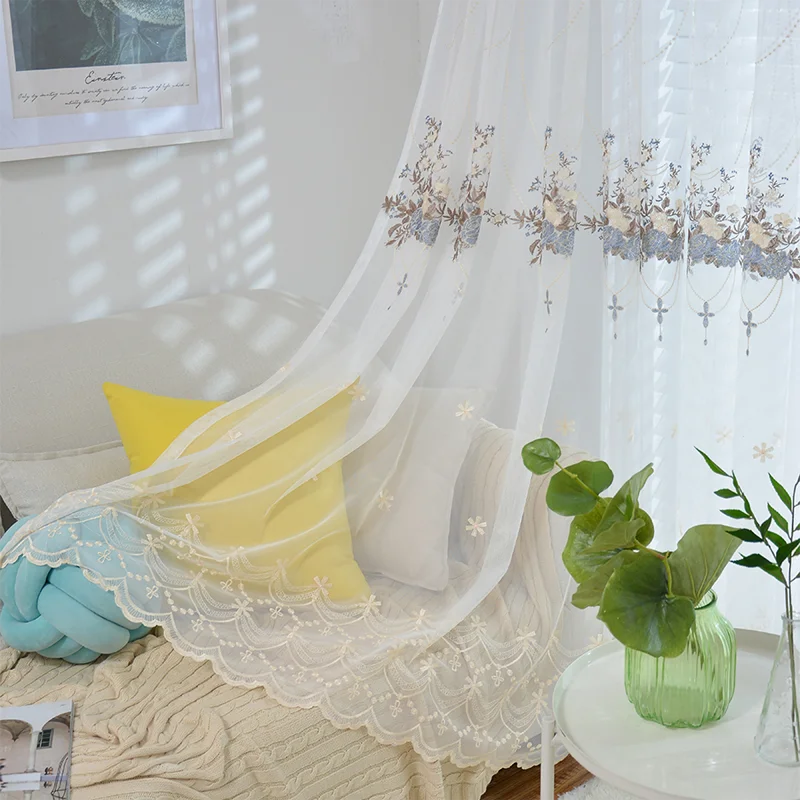 

Modern French Romantic Style Embroidery Tulle Curtains For Living Room Decorative Window Treatment Drapes For Bedroom Customized
