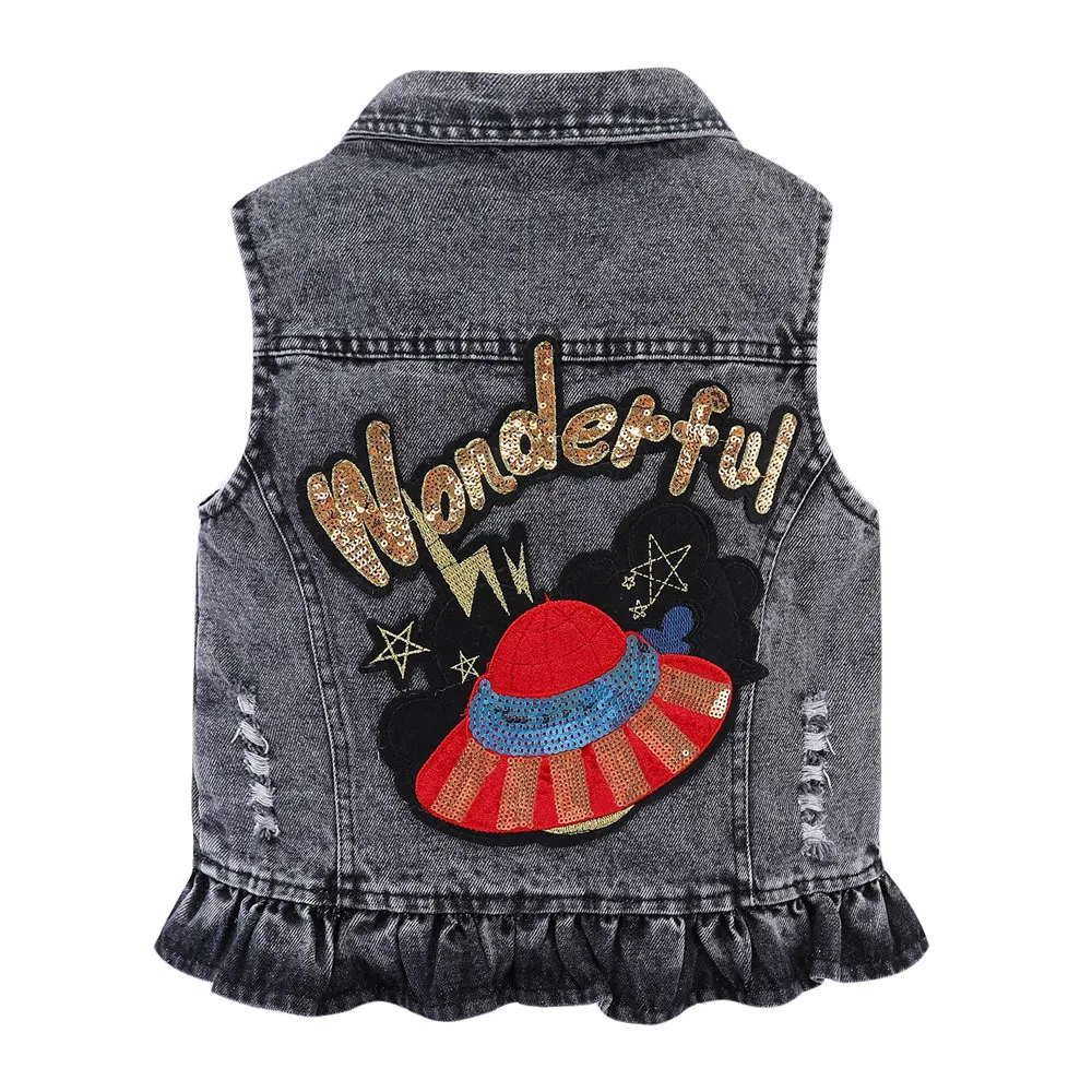 Mudkingdom Cute Girls Denim Vest Jacket Sparkle Ruffle Sleeveless Jean Outerwear Spring Novelty Clothes for Children Clothing