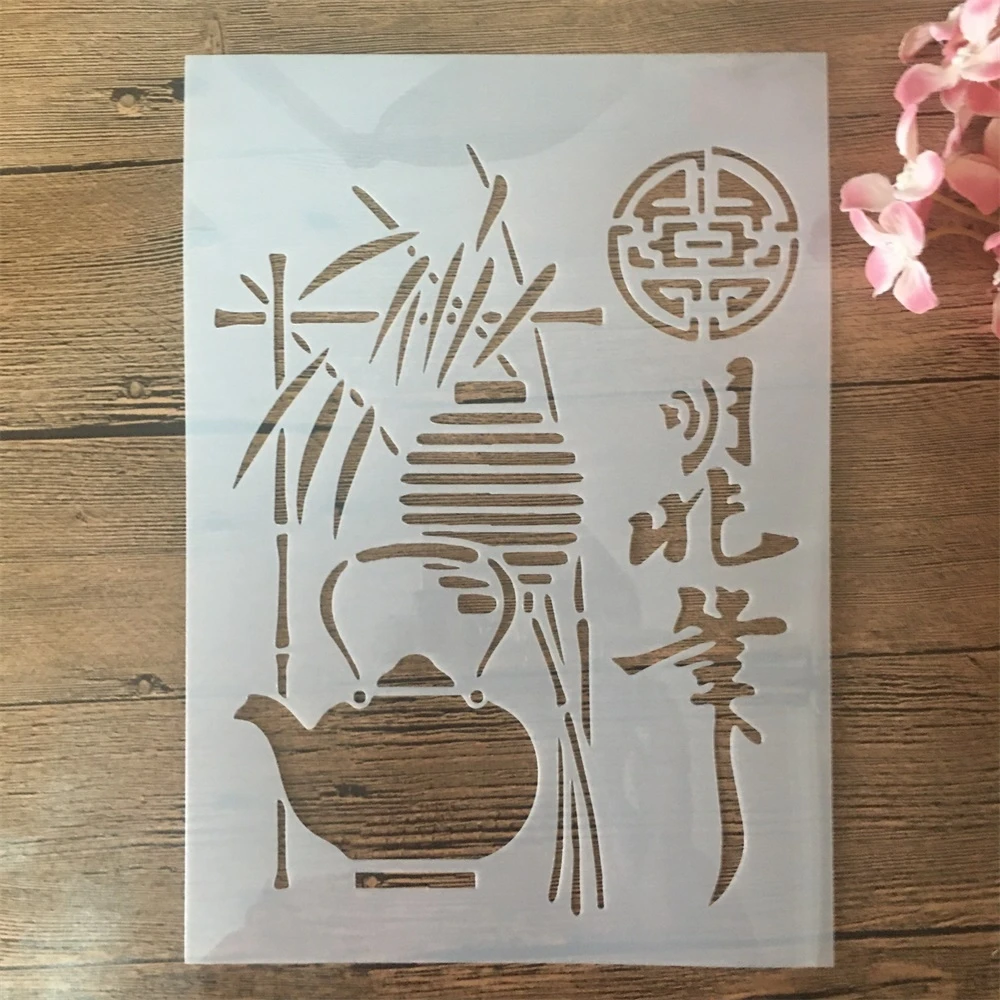 Théière chinoise A4 en bambou, 29cm, bricolage, pochoirs à couches, peinture murale, Scrapbook, coloration, gaufrage, Album, modèle décoratif