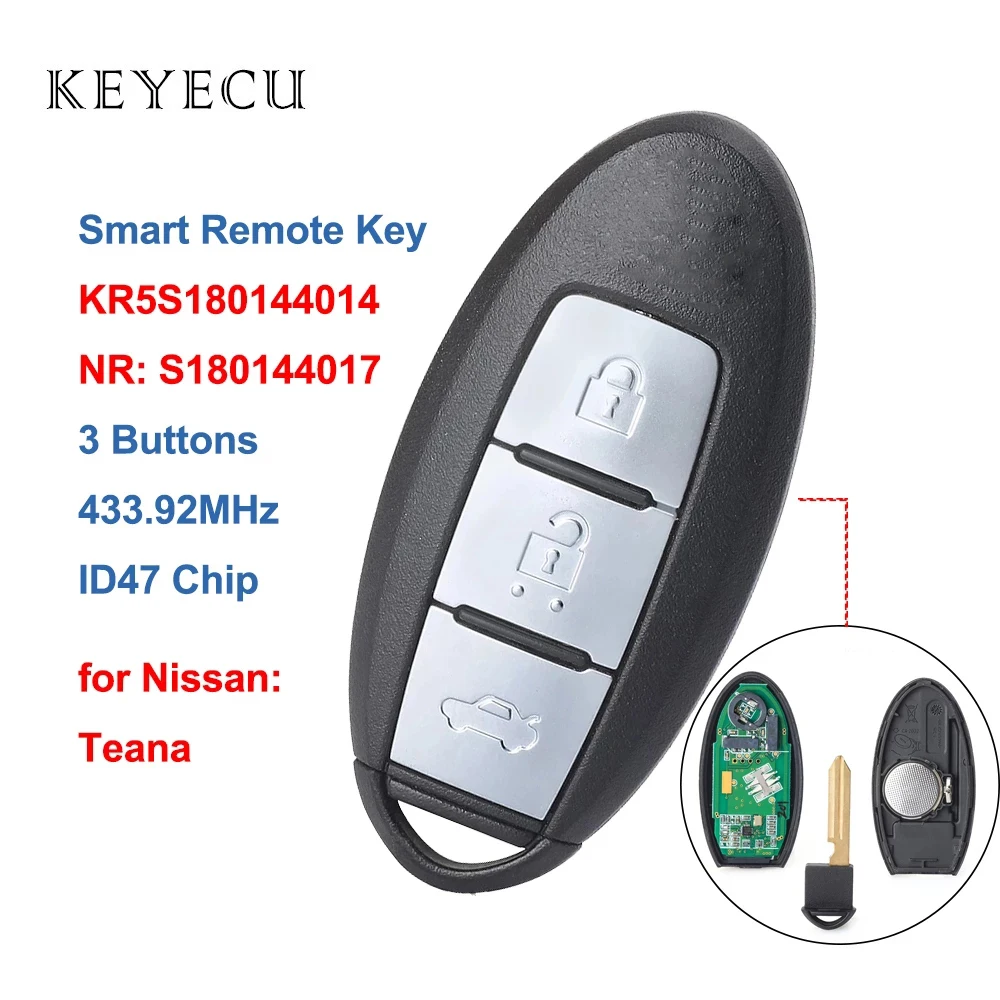 

Keyecu S180144017 Keyless-go Smart Remote Key Fob 3 Buttons 433.92MHz ID47 Chip for Nissan Teana 2013-2016 FCC ID: KR5S180144014