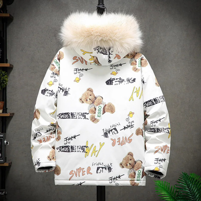 2020 Winter Men\'s Parka Hooded Fur Collar Bear Prined Thicken Warm Wind-proof Fashion Novelty Outwear Male Cotton Coat