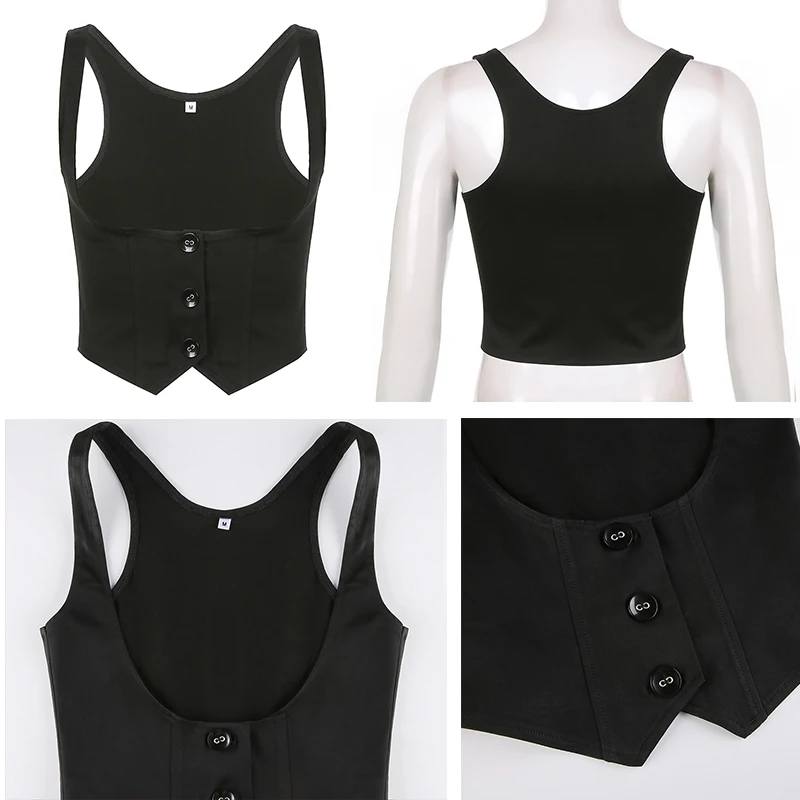 Rapcopter y2k Button Corset Top Black Skinny Breasted Tops Backless Vintage Kawaii Sweats Mini Vest Women Aesthetic Punk Tanks