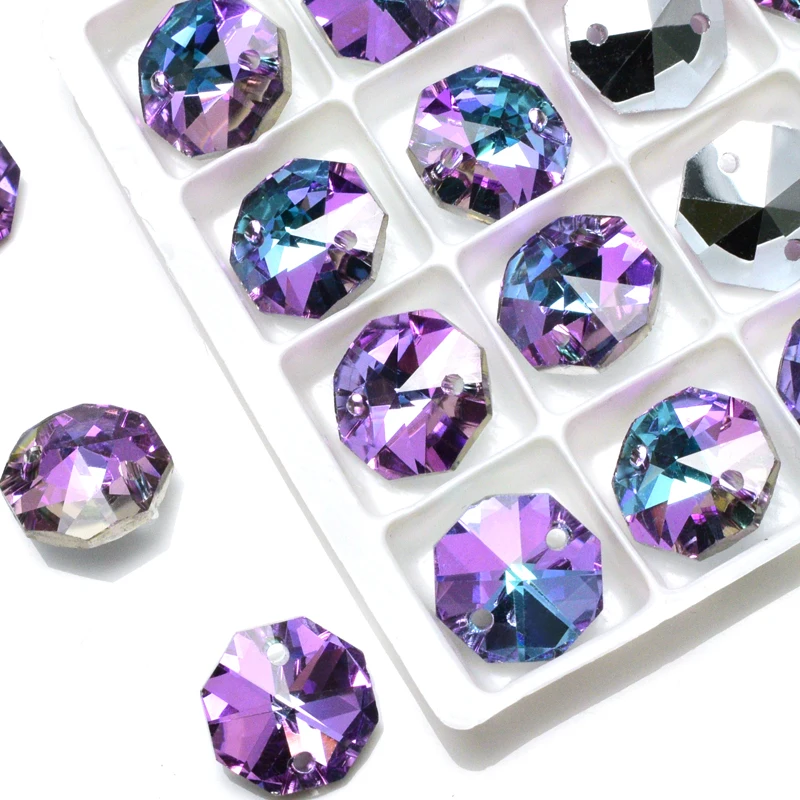 

14mm Crystal sew-on rhinestone Octagonal shape high quality grass Stones Sharp bottom two holes For DIY clothing accessories