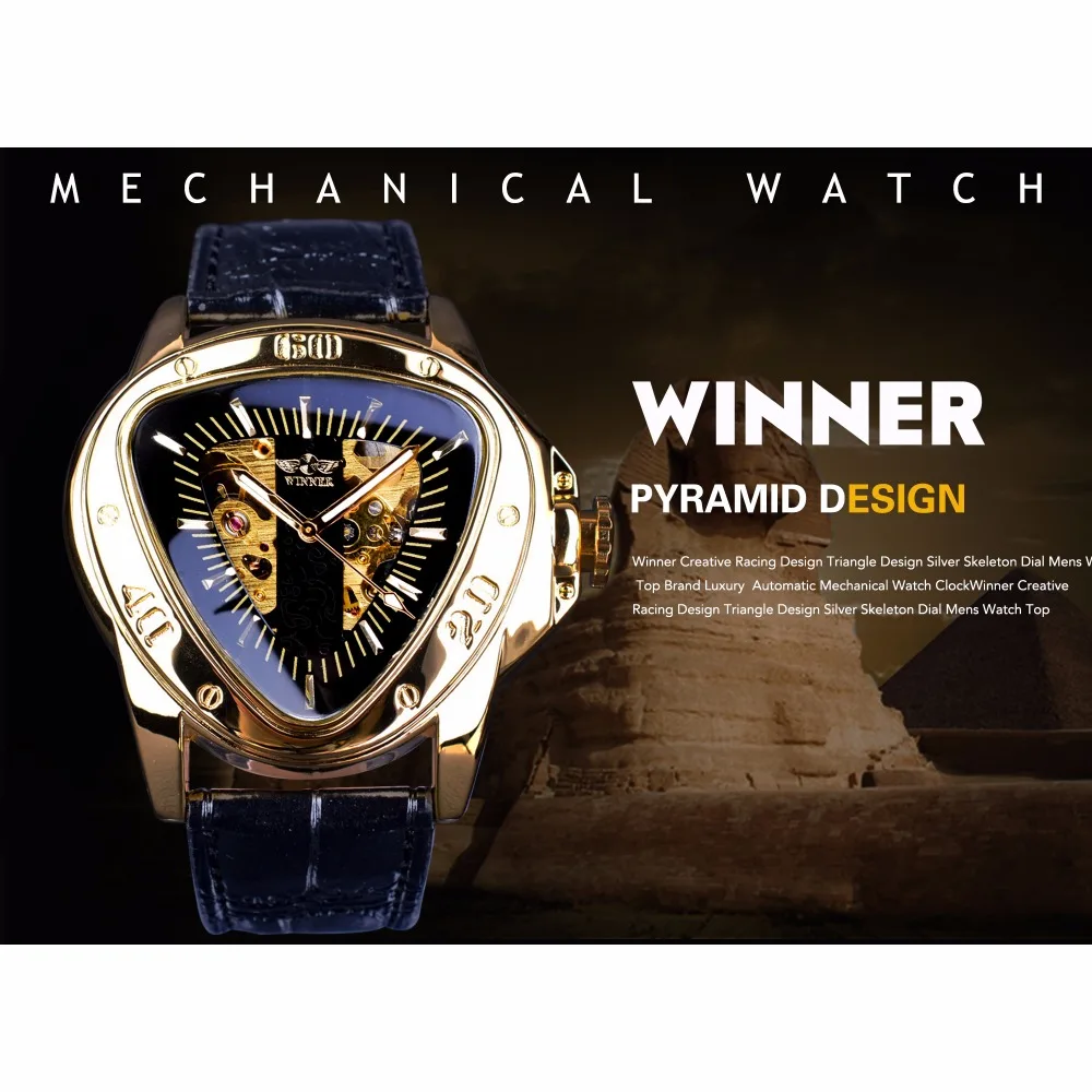 Top Brand Winner Steampunk Fashion Triangle Golden Skeleton Movement Watches Mysterious Men Automatic Mechanical Wrist Watches