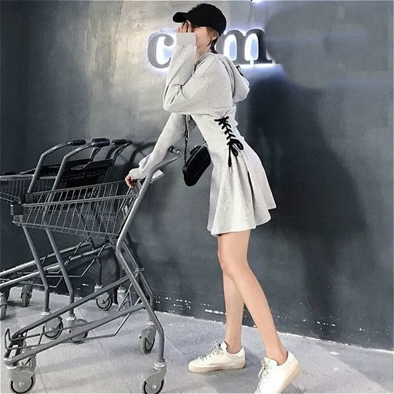 Long Sleeve Dress Women Gray Classy Slim Popular Stylish All-match Ins Criss-cross Mini Vintage Solid Hooded Empire Spring Daily