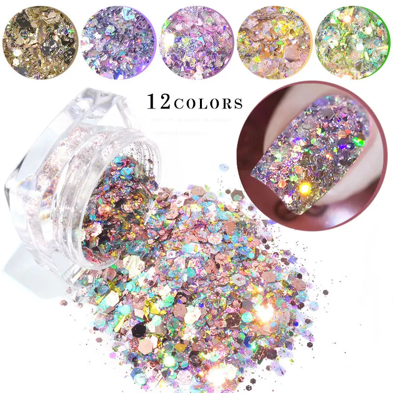 Nail Glitter Sequins 12 Color Light Change Pink Nail Sequin Size Mixed Nail Art Design Accessories Nail Jewelry Nail Supplies