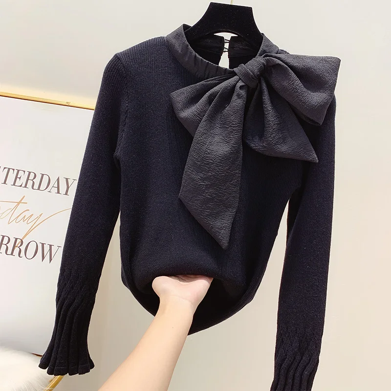 Autumn Winter Retro Tie 3D Bow Decors Sweater Flare Sleeve Pullovers Bottoming Knitted Shirt Long Sleeve Tops Blusas Mujer 2019