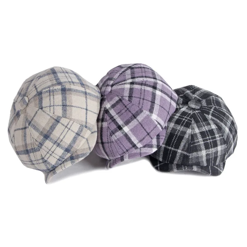 Autumn Winter Polyester Plaid Newsboy Caps Flat Peaked Cap Men and Women Painter Beret Hats 61