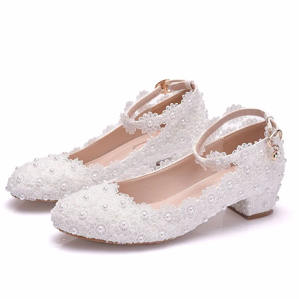 Female Fashion Wedding Shoes Bridesmaid Banquet White Lace Flower Pearl Round Toe Square High Heels Women\'s Bridal Pumps H0083