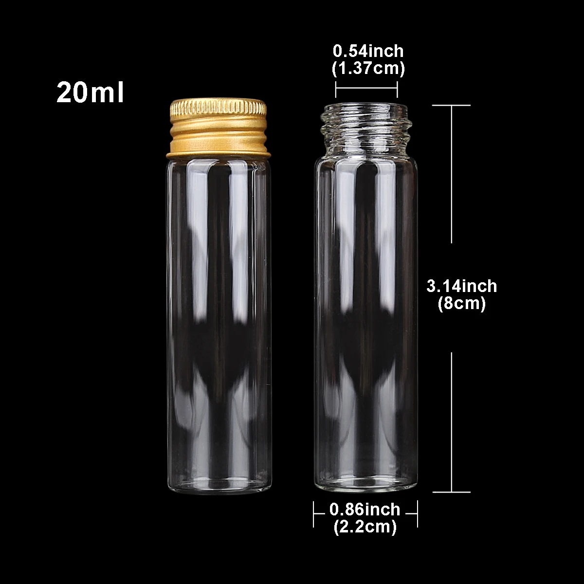 10pcs 20ml 22*80mm Glass Bottles Message Bottles with Golden Aluminum Lids Spice Jars Potion bottles for Wedding party