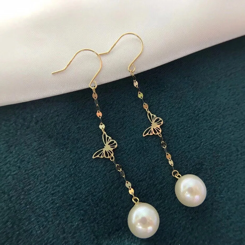 MADALENA SARARA 7-8mm AAA Freshwater Pearl  18K Gold Dangle Line Earrings Butterfly  Style Simple Chain AU750 Fine Women Earring