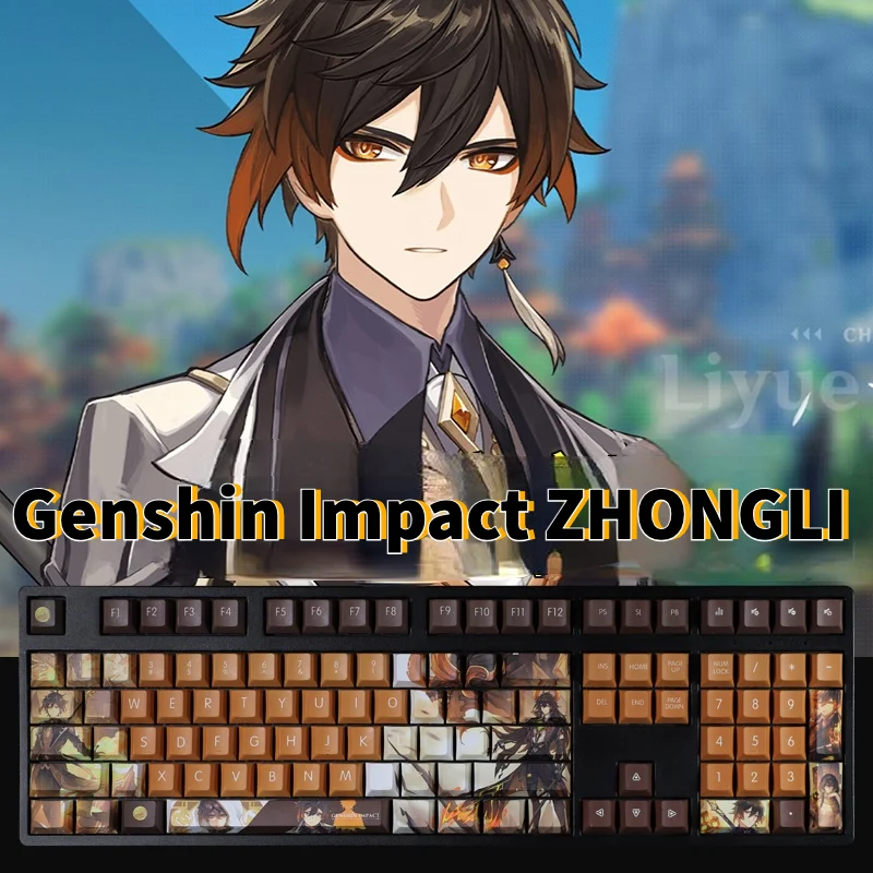 Genshin Impact ZHONGLI-Teclas de personaje de juego, Material PBT, perfil de cereza, tapa de teclado mecánico, 108 teclas