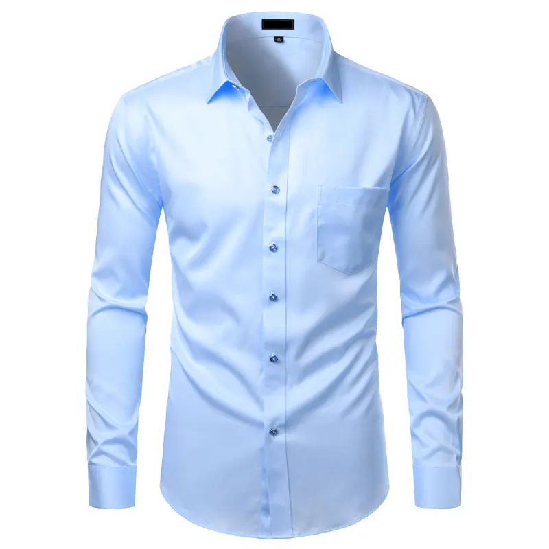 Black Bamboo Fiber Shirt Men Casual Slim Fit Mens Dress Shirts Solid Color Elastic Button Up Social Male Shirts with Pocket 4XL