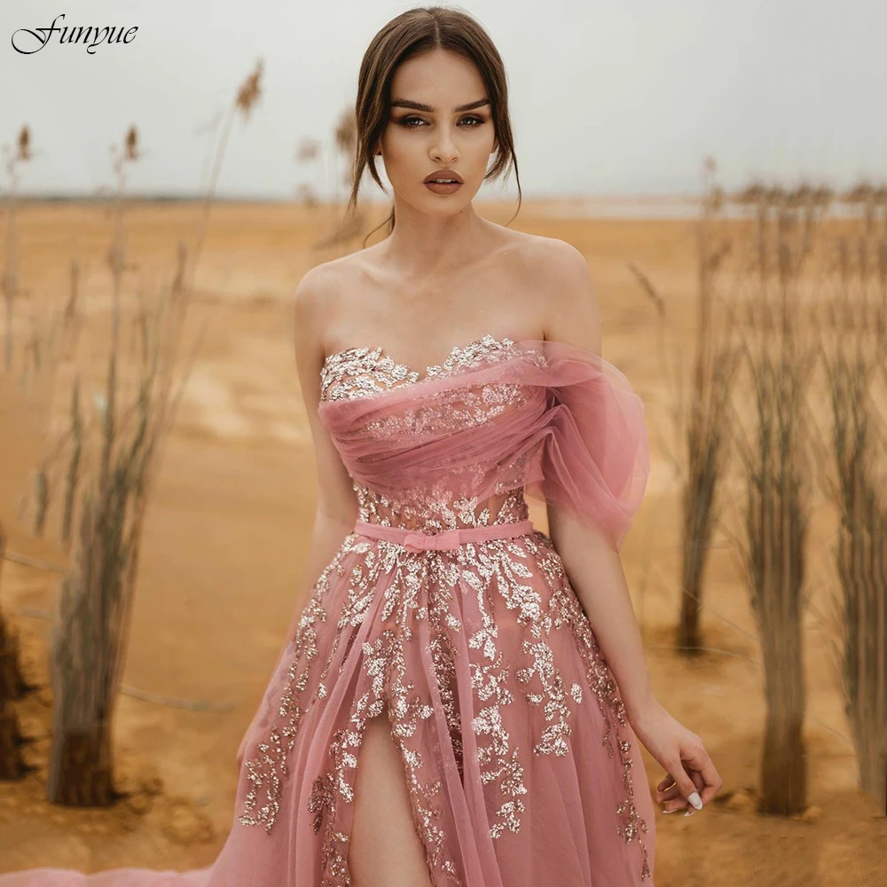 Fada vestido de novia 2022 vestidos de noiva a linha rosa boho vestidos de casamento glitter lantejoulas sexy alta divisão tule noiva para ser vestido