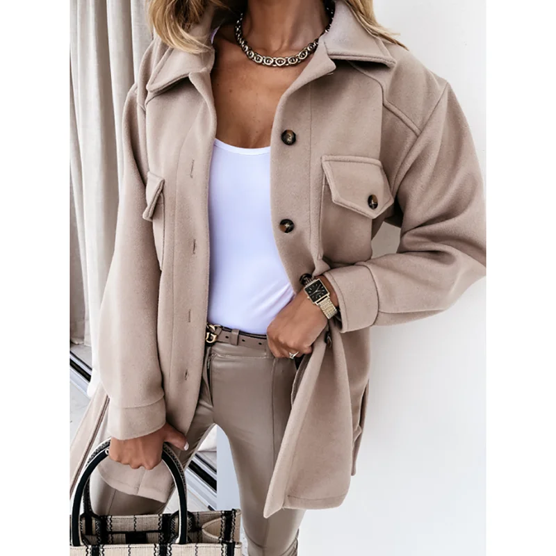 Office Lady Lapel Shirt Jacket Women Autumn Winter Casual Long Sleeve Single Breasted Female Top Coat Thick Solid Loose Coats