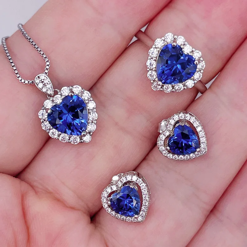 

Real Lab-grown Sapphire Ring Pendant Necklace Stud Earrings Heart Cut Blue Gemstone Sapphire Jewelry Set For Women S925 Silver