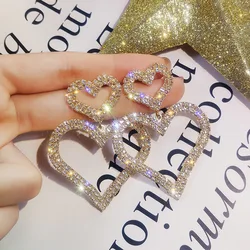Luxury Rhinestone Earrings For Women Double Big Heart Pearl Crystal Simple Korean Statement Wedding Earring Jewelry Party