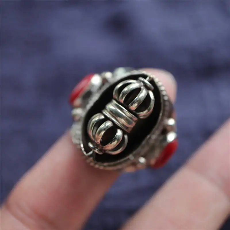 Tibetan Metal Ring for Man Spin Dorje Amulet Copper Inlay Red Lampwork Beads Open Rings Big Size R185