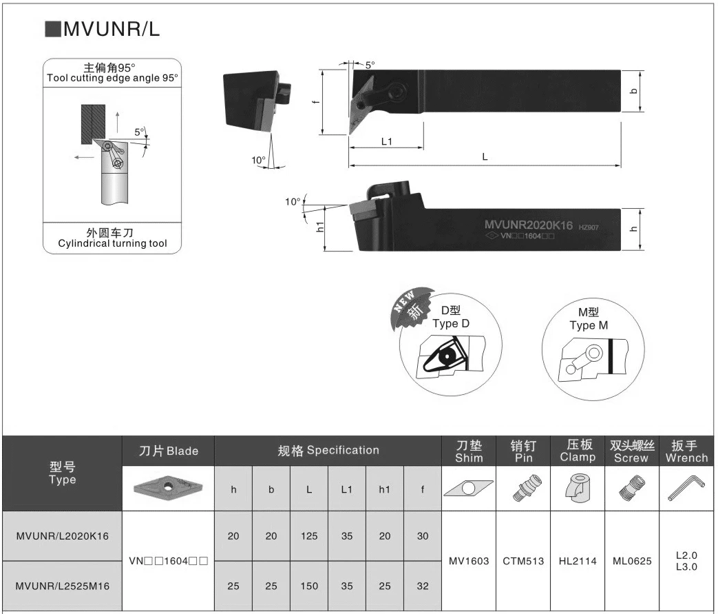 BEYOND 외부 카바이드 인서트 생크 선반 커터 바 사용, 거치대 선삭 공구, MVUNR MVUNL MVUNR1616H16 MVUNR2020K16, VNMG, 95 도