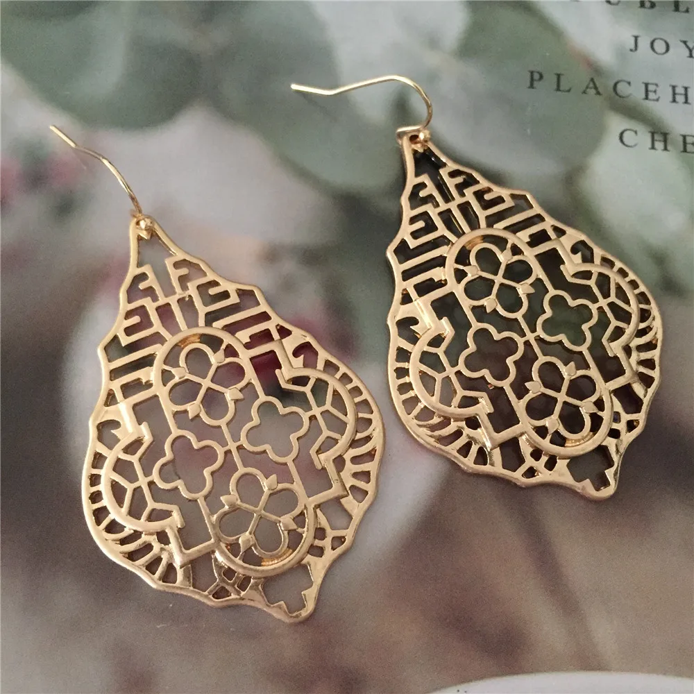 Gold Color Hollow Carving Complex Pattern Big Geometric Earrings For Women Hanging Dangle Earrings Drop Earing Modern Female