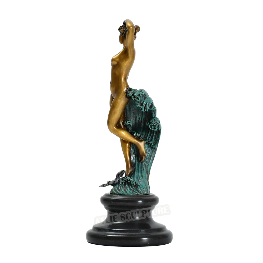 Nude Young Woman in Waves Statue Sculpture Bronze Modern Naked Female Figurine Art Home Decor Ornament