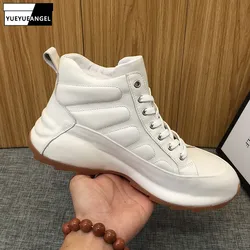 Outdoor High-Top Sneakers Men Round Toe Genuine Leather Platform White Shoes Height Increasing Casual Work Ankle Boots 38-44