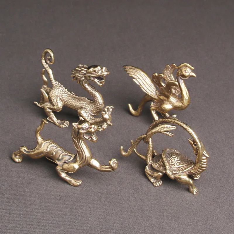 Латунные китайские украшения из четырех богов животных, зеленый дракон, белый тигр, вермилион, птица, черная черепаха, фэн-шуй, медные мини-фигурки Латунные китайские украшения из четырех богов животных, зеленый дракон, белый тигр, вермилион, птица, черная черепаха, фэн-шуй, медные мини-фигурки