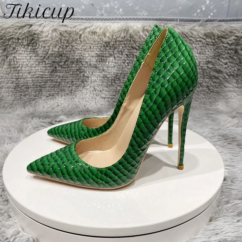 Tikicup Green Crocodile Effect Women Sexy Pointy Toe High Heel Party Dress Shoes 8cm 10cm 12cm Slip On Stilettos Pumps Plus Size