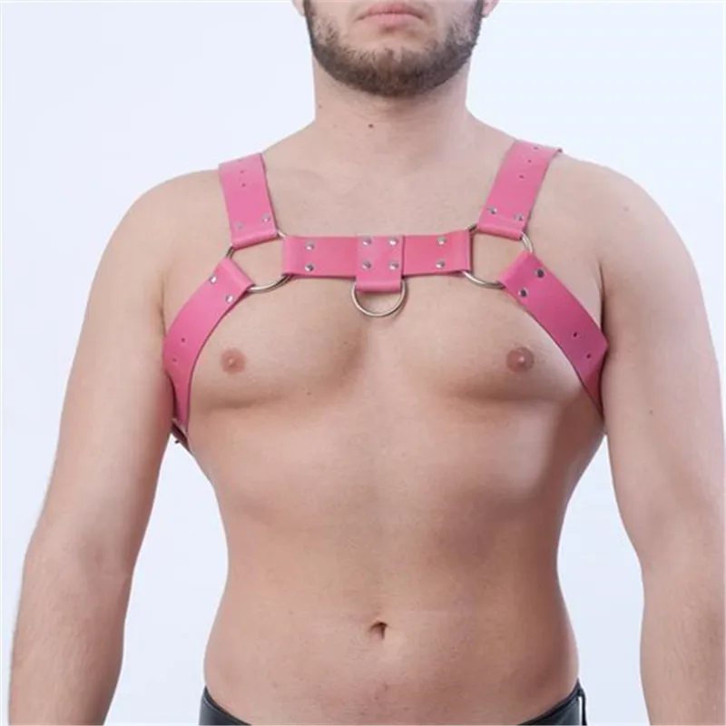 Harnais en cuir pour hommes BDSM, Cage de Bondage pour le corps, fétiche, bouledogue, ceinture de poitrine rose, Lingerie pour Gay Rave