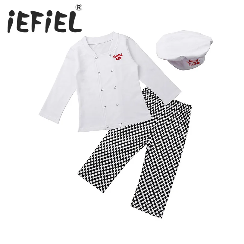 

3pcs Infant Toddlers Baby Boys Girls Chef Carnival Cosplay Outfits Cotton Cook Outfits T-shirt Pants Hat Photography Costume