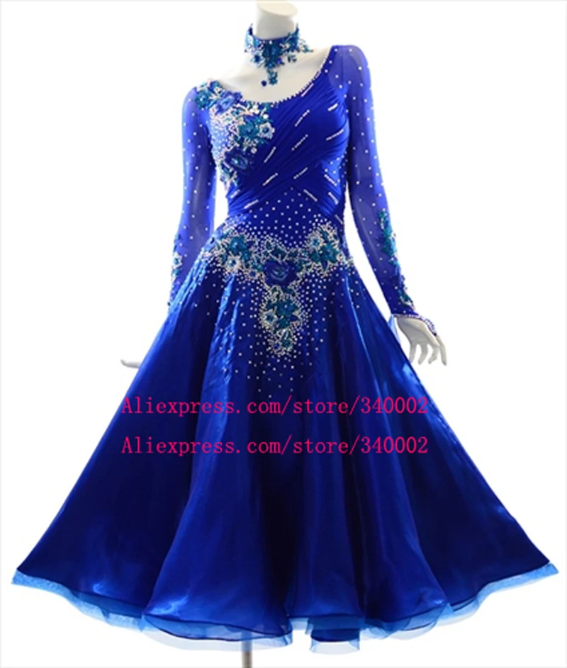 Waltz Ballroom Competition Dance Dress Women Royal Blue Ballroom Skirt Long Sleeve Standard Ballroom Dance Dresses Adult