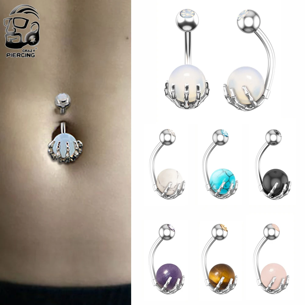 Punk Opalite Navel Piercing Ombligo Skeleton Hand Holding Stone Ball Belly Button Rings 14g Steel Body Jewelry Women Men Oreja