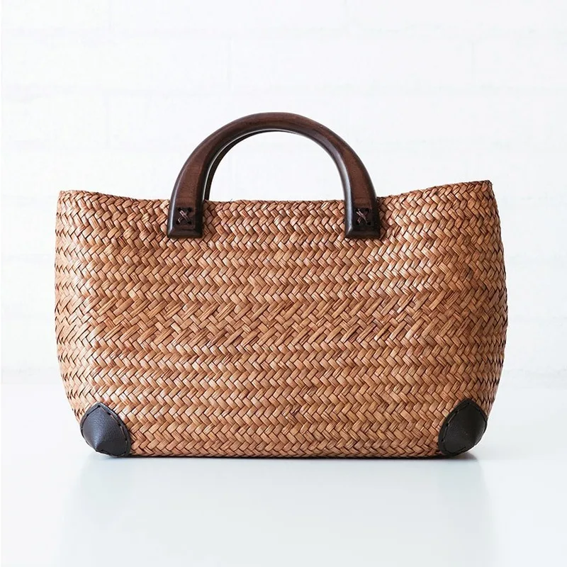 

Handmade straw bag retro rattan straw woven handy beach bag simple art weaving bag