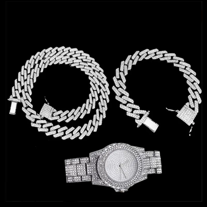 HipHop Iced Out Miami Zircon Cuban Link Chain Prong Pave Necklace Watch for Women Jewelry for Women Men Set  African Jewelry