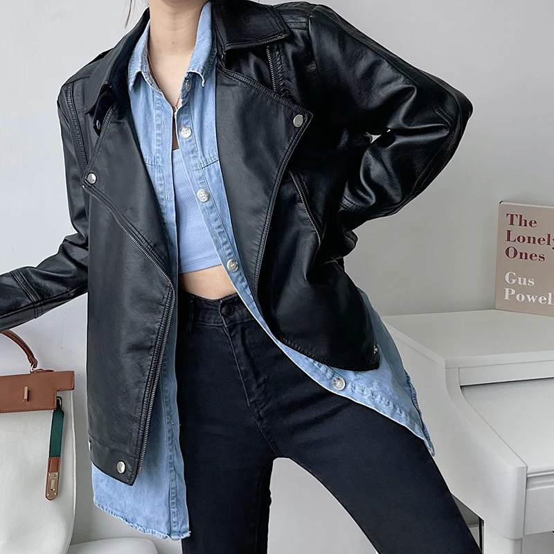 Spring Autumn 2024 Black Soft Faux Leather Jacket Loose Casual Lapel Long-sleeve Motorcycle Biker Jacket Abrigo Mujer Streetwear