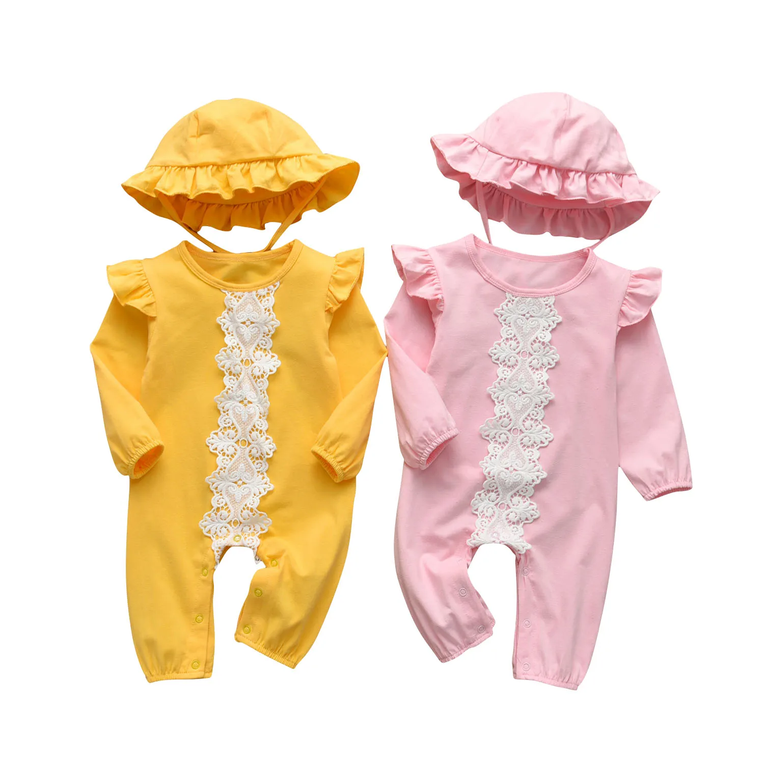 Newborn Infant Baby Girls Clothes Set Cute Lace Trim Solid Color Ruffles Long Sleeve Romper and Hat 2PcsToddler Outfits