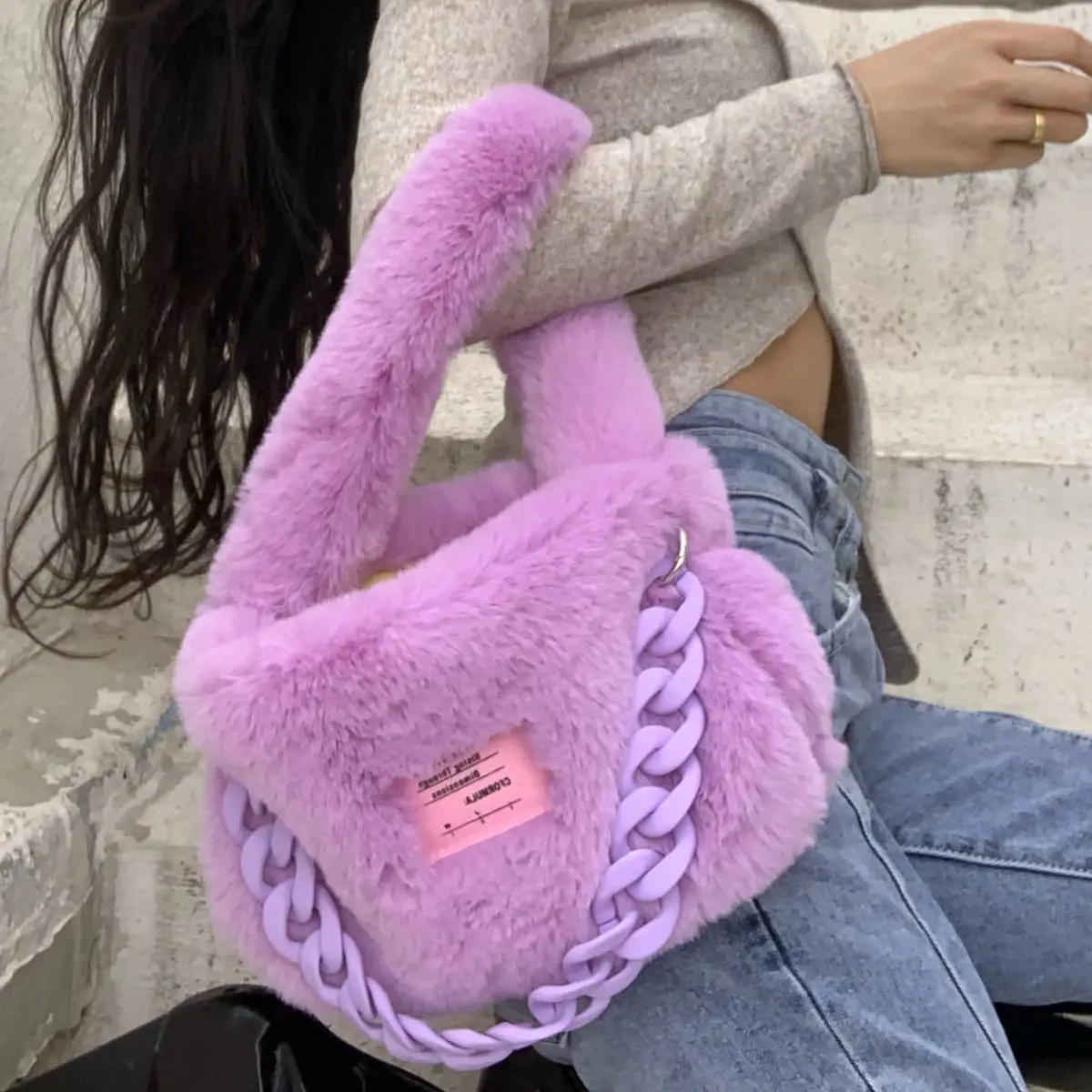 Winter Soft Plush Women Tote Handbags Fashion Design Faux Fur Ladies Messenger Bag Solid Color Large Female Furry Shoulder Bags