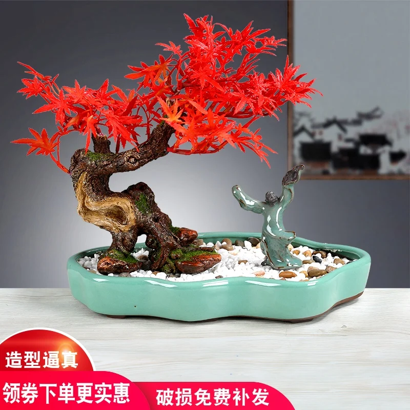 Simulation plant ceramic potted red maple bonsai home indoor office handicraft ornament false flower decoration