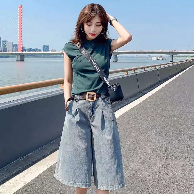 

Street Wear High Waist Wide Leg Denim Shorts Women Knee Length New Jean Shorts Women Summer Korean Style Women Bermuda Shorts