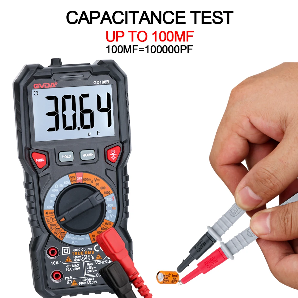 GVDA Digital Multimeter Auto Range DMM Voltmeter True RMS AC DC NCV Ohm Hz Voltage Meter Smart Ammeter Capacitance Tester