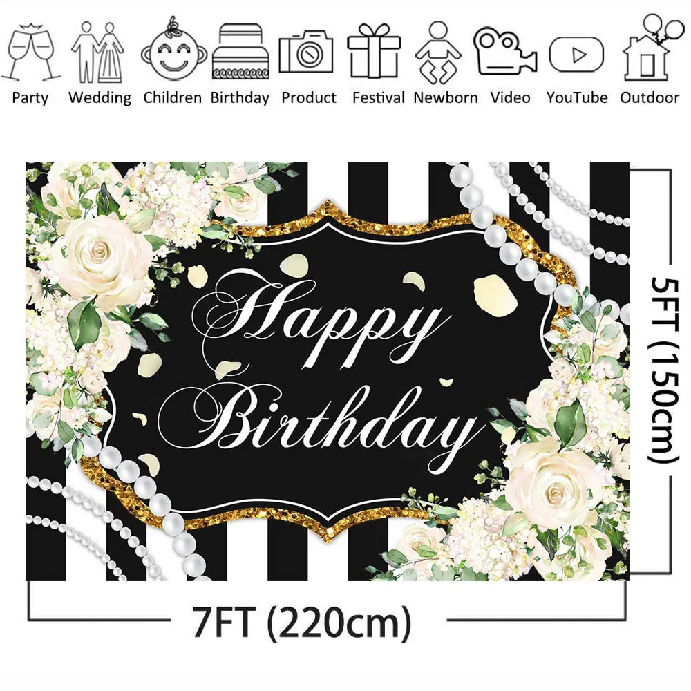 Mocsicka Schwarz-und-Weißen Streifen Frauen Geburtstag Hintergrund Decor Banner Blumen Glückliche Geburtstag Party Fotografie Hintergrund Requisiten
