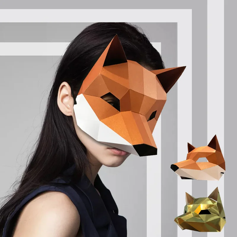 Fox Animal Half Face Mask Paper Model,3D Papercraft Art Origami Costume Party Cosplay,Handmade Adult DIY Craft Toy RTY190