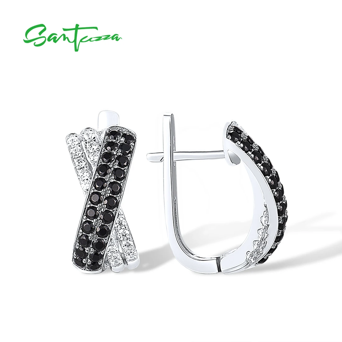 SANTUZZA Silver Earrings For Women 925 Sterling Silver Sparkling Black Spinel White Cubic Zirconia brincos Trendy Fine Jewelry